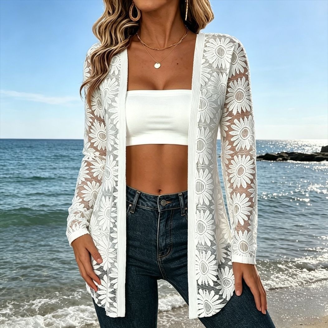 Kimono Sheer Floral - Summer Women Mesh Lace Beach Cover