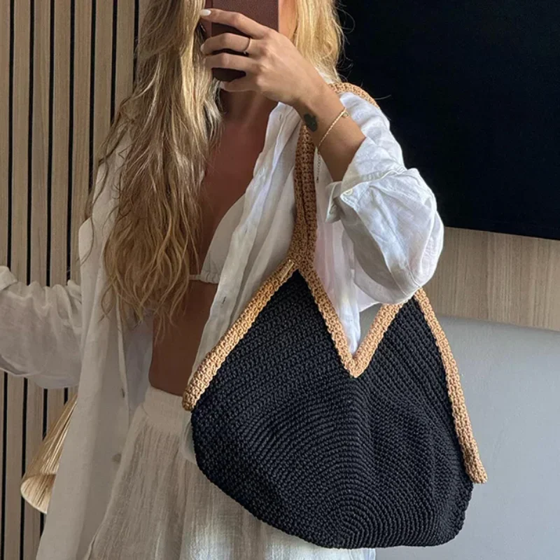 Colorblock Straw Woven Tote Ba - огляд і ціна Crochet Bag Raffia